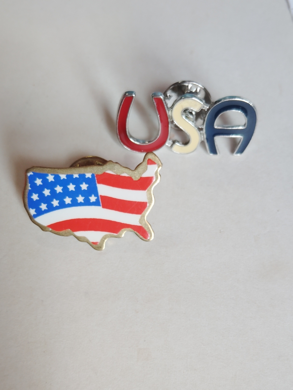 Patriotic USA Flag Map and USA Letter Enamel Pin Back Brooch Set Red White Blue